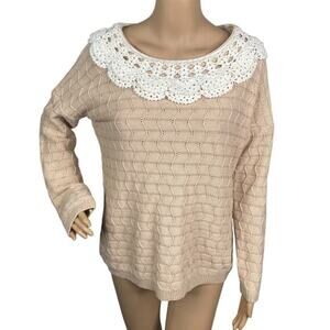 Beige White Crochet Collar Cottagecore Pullover Sweater SZ L